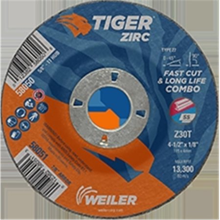WEILER Weiler 804-58051 4.5 x 0.12 in. Tiger Zirc Type 27 Cut - Grind Combo Wheel; Z30T - 0.87 in. A.H; Pack of 25 804-58051